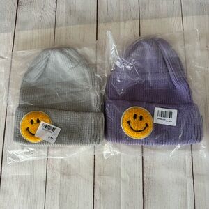 Lot Of 2 knitted ribbed Smiley Face Beanie Hat Women’s One Size Purple Grey NEW